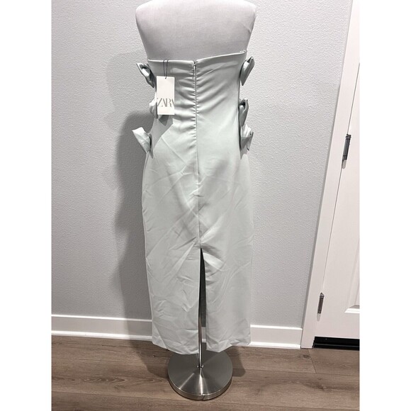 ZARA NEW WOMAN FITTED STRAPLESS MIDI DRESS WITH SATIN BOWS SEA GREEN SIZE LARGE - Picture 11 of 16